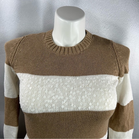 Loft Women's Tan & White Sequin Stripe Sweater S - Picture 2 of 6